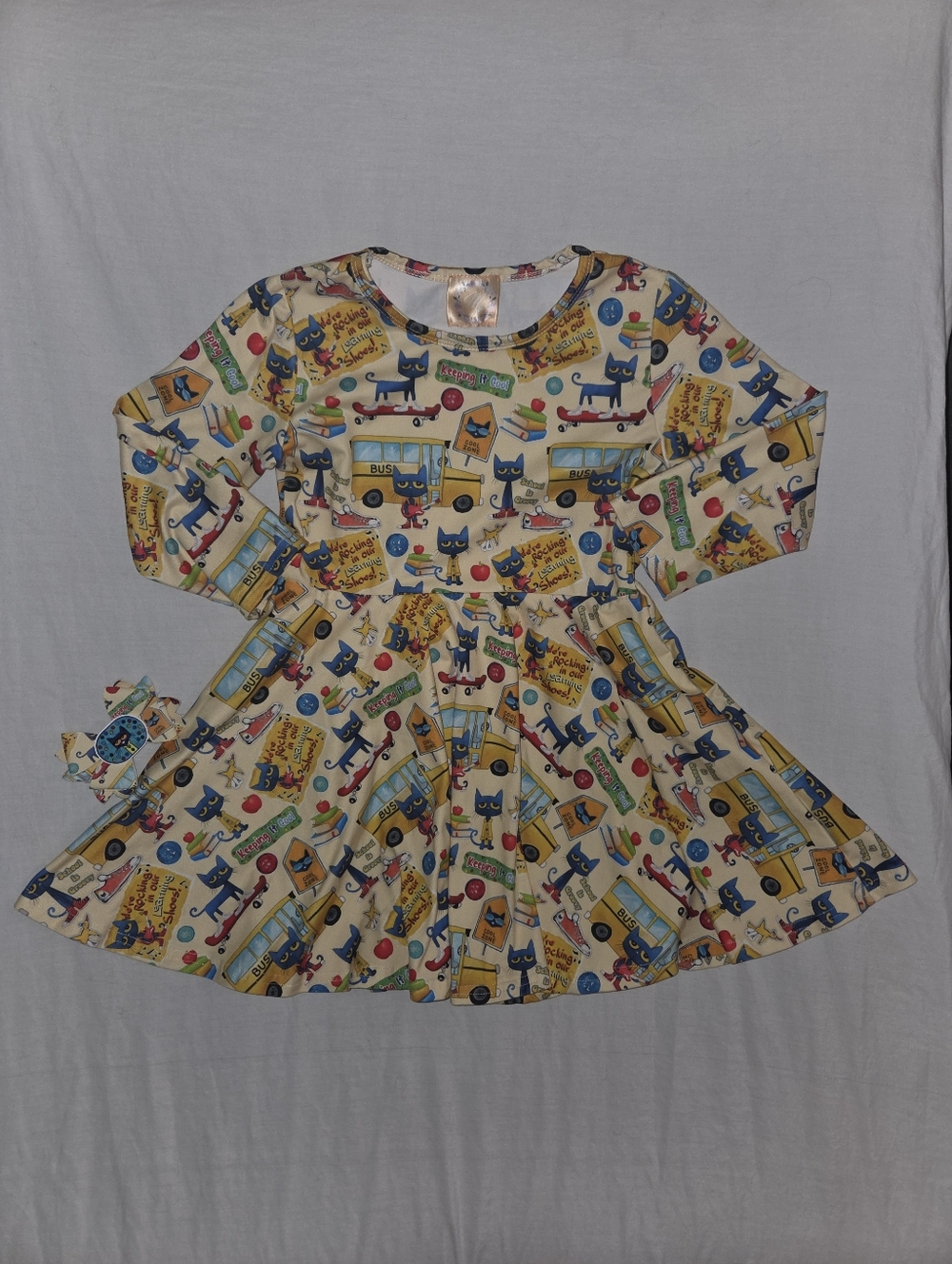Small Shop Pete The Cat Bus Print Long Sleeve Twirl Dress 4t With Matching Bow